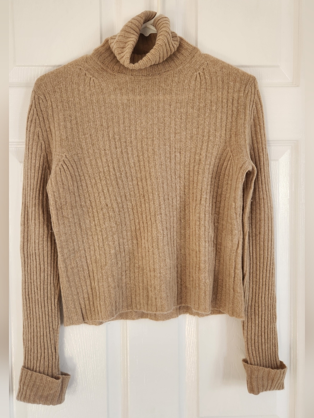 Camel Cashmere Ribbed Turtleneck Sweater